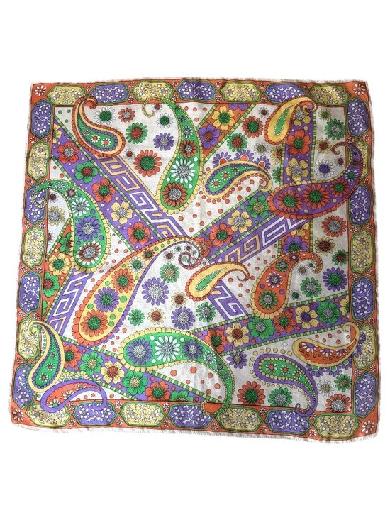 Unknown Accessories - VTG Floral Paisley Print Square Scarf Purple Green Orange Bohemian Style Hippie